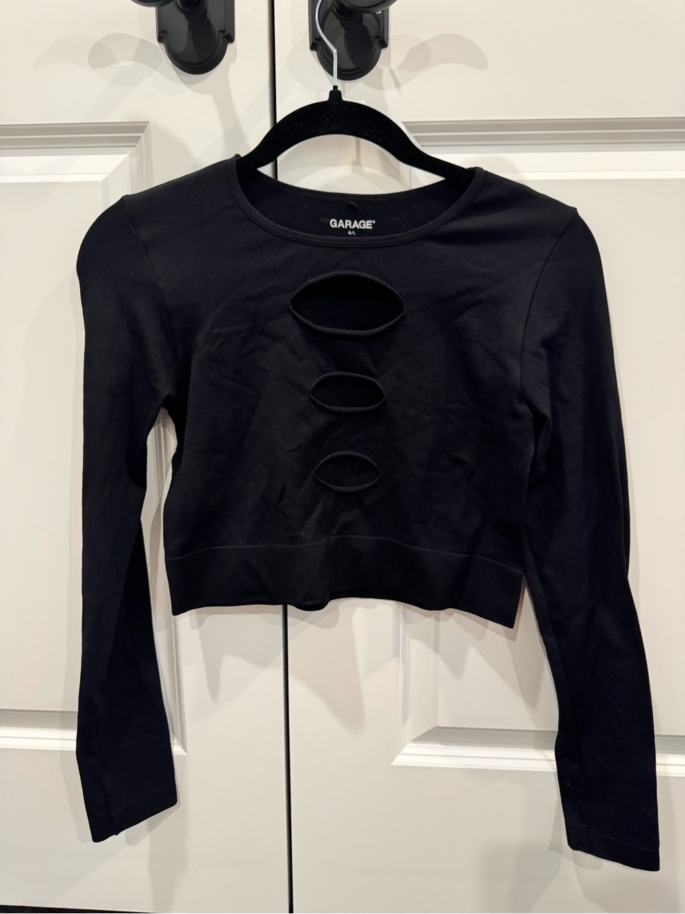 Garage Black Long Sleeve Cropped Top with Triple Center Cutouts